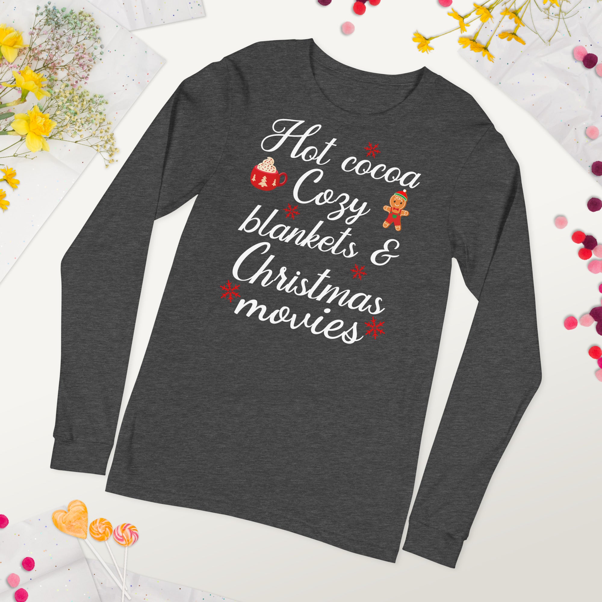 Camisa navideña de manga larga, mantas acogedoras de cacao caliente Películas navideñas, camisa de invierno, camiseta navideña, camiseta de cacao, camisa acogedora de Navidad, regalos de Navidad