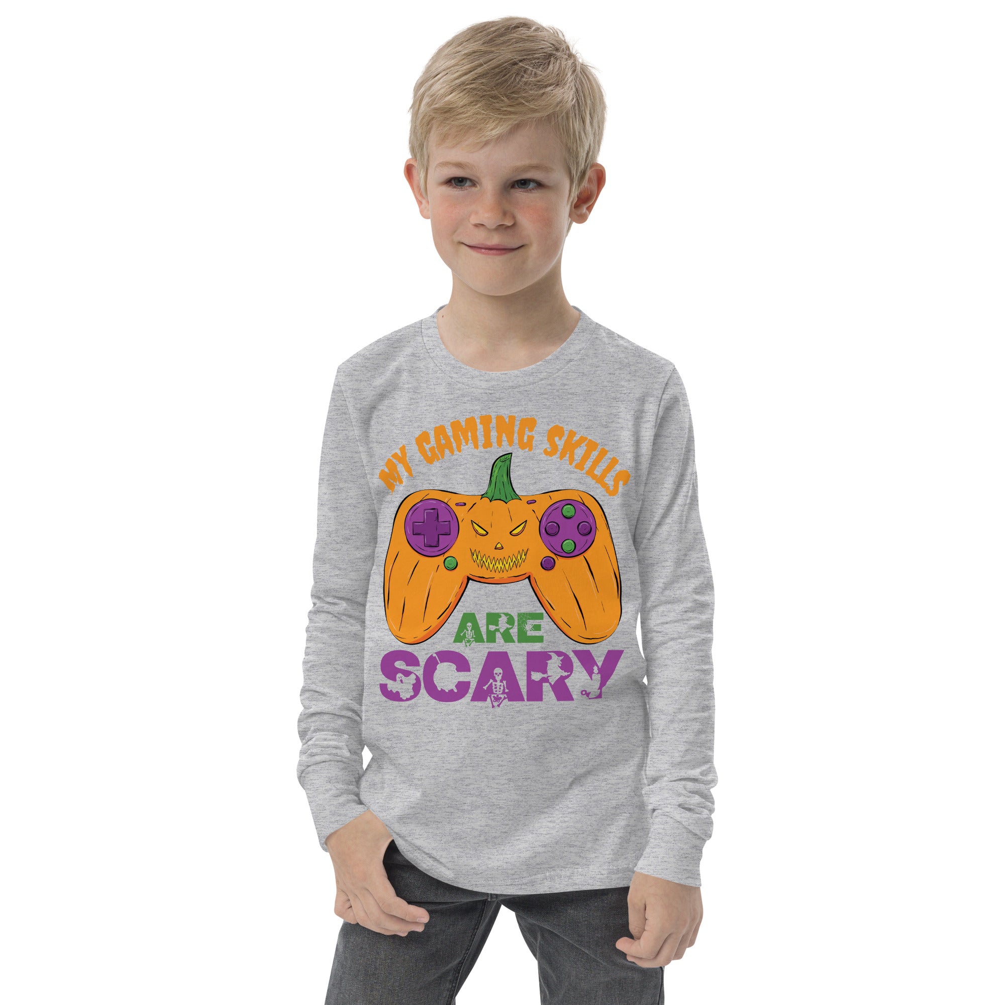 My Gaming Skills Are Scary, Funny Halloween Boys Girls Gaming Long Sleeve Shirt, Pumpkin Video Gamer Controller Tee, Halloween Gamer Costume