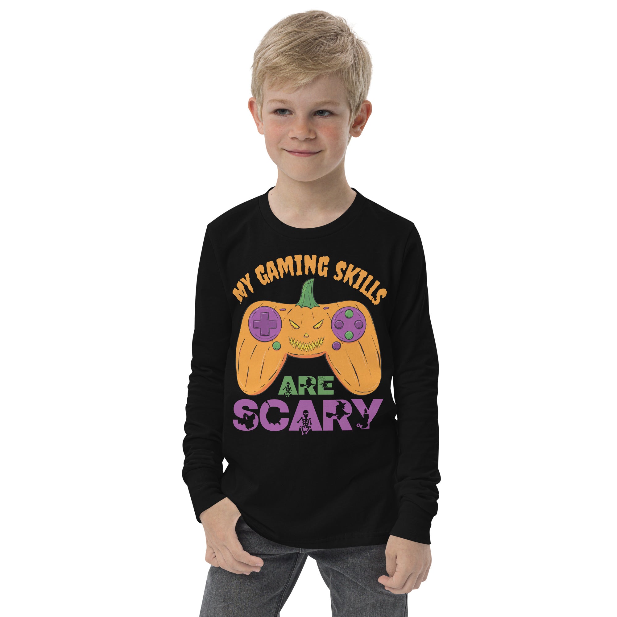 My Gaming Skills Are Scary, Funny Halloween Boys Girls Gaming Long Sleeve Shirt, Pumpkin Video Gamer Controller Tee, Halloween Gamer Costume