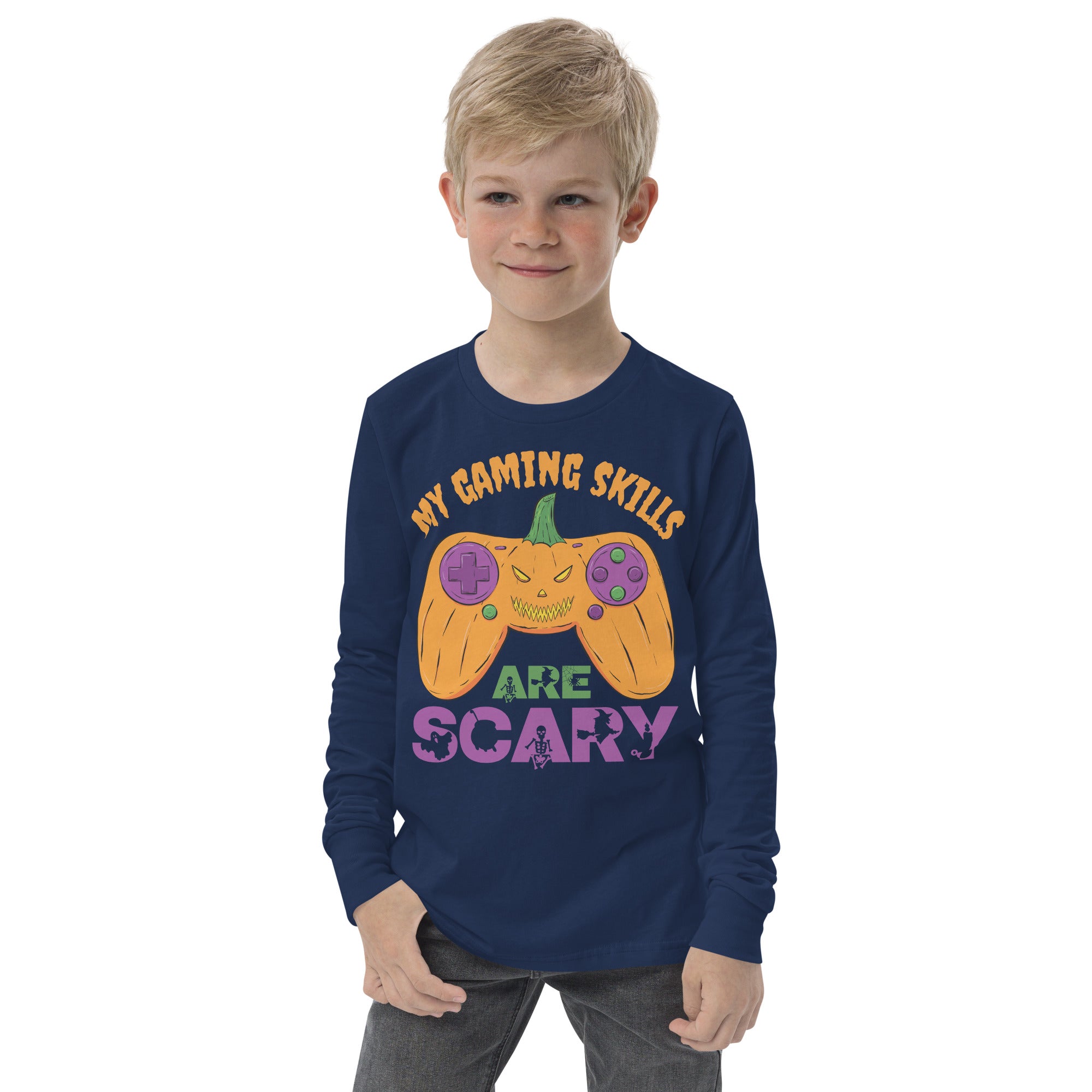 My Gaming Skills Are Scary, Funny Halloween Boys Girls Gaming Long Sleeve Shirt, Pumpkin Video Gamer Controller Tee, Halloween Gamer Costume