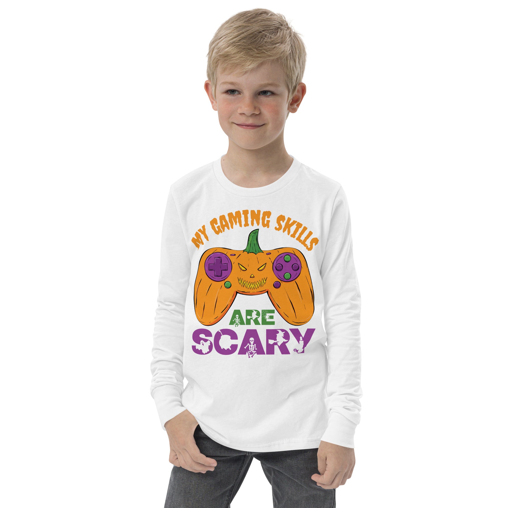 My Gaming Skills Are Scary, Funny Halloween Boys Girls Gaming Long Sleeve Shirt, Pumpkin Video Gamer Controller Tee, Halloween Gamer Costume